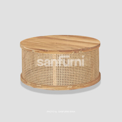 Round Coffee Table with Natural Rattan
