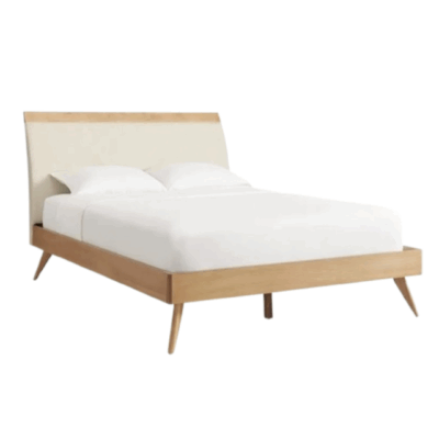 Mid-Century Modern Beige Fabric Upholstered & Walnut Brown Wood Platform Bed