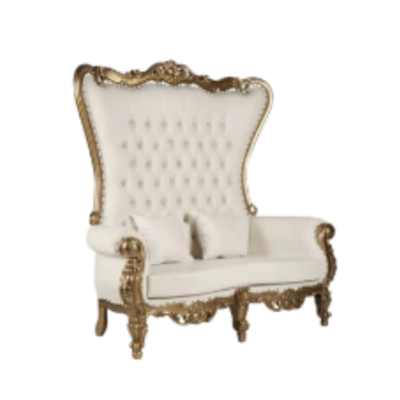 White & Gold Queen Double Throne Loveseat with High Back & Tufted Vinyl Upholstery